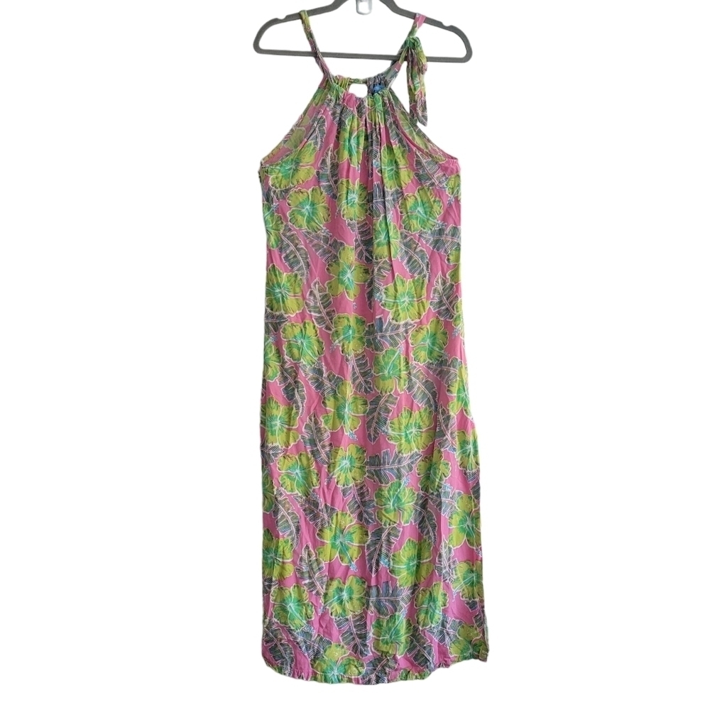 Blue Ginger XS Pink Green Hawaiian Tropical‎ Floral Maxi Dress Resort